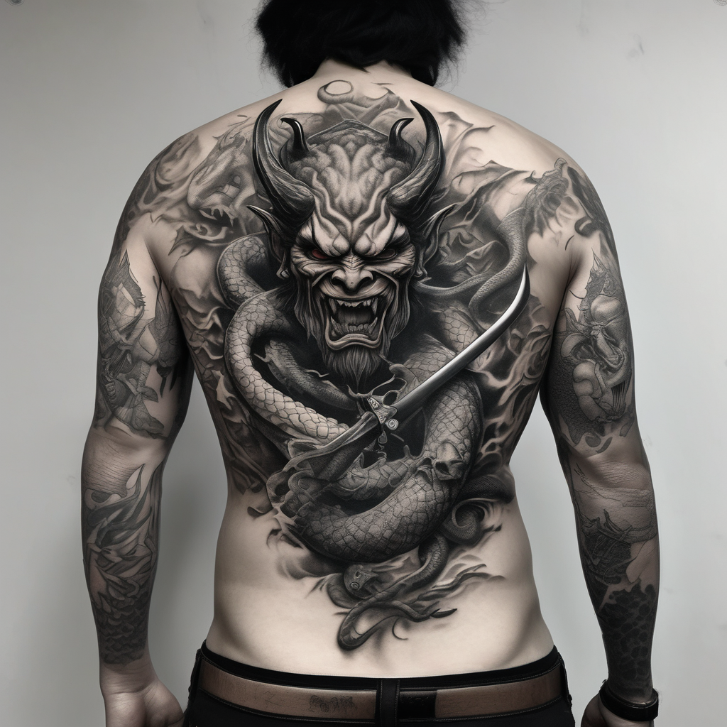 Back Tattoo with An Oni With a broken mask and a Sword, Dragons & snakes men ear tattoo(AIが生成したリアリズムスタイルのタトゥーデザイン)